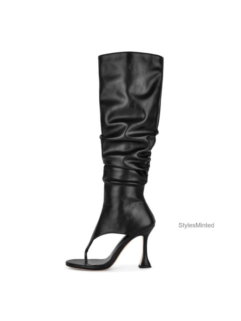 Slouchy Knee High Open Toe Thong Boots Flared Stiletto Heel